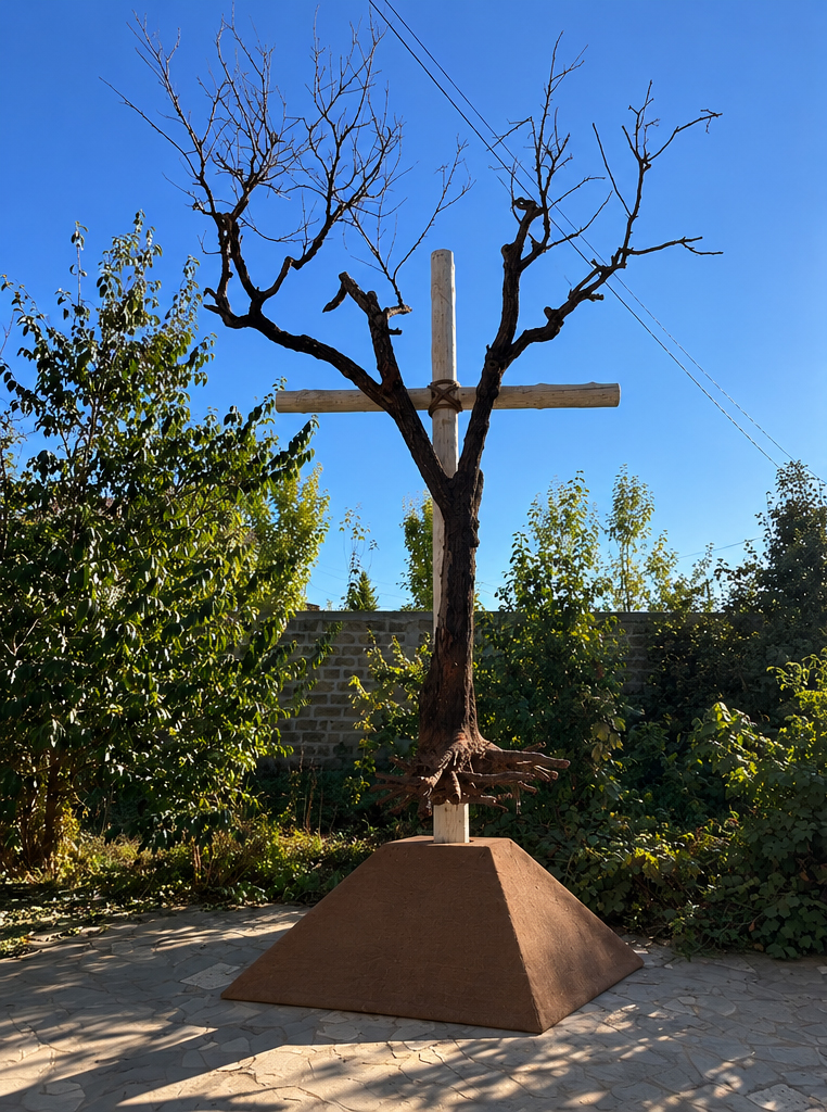Original photograph of the Crucified Nature installation in the garden