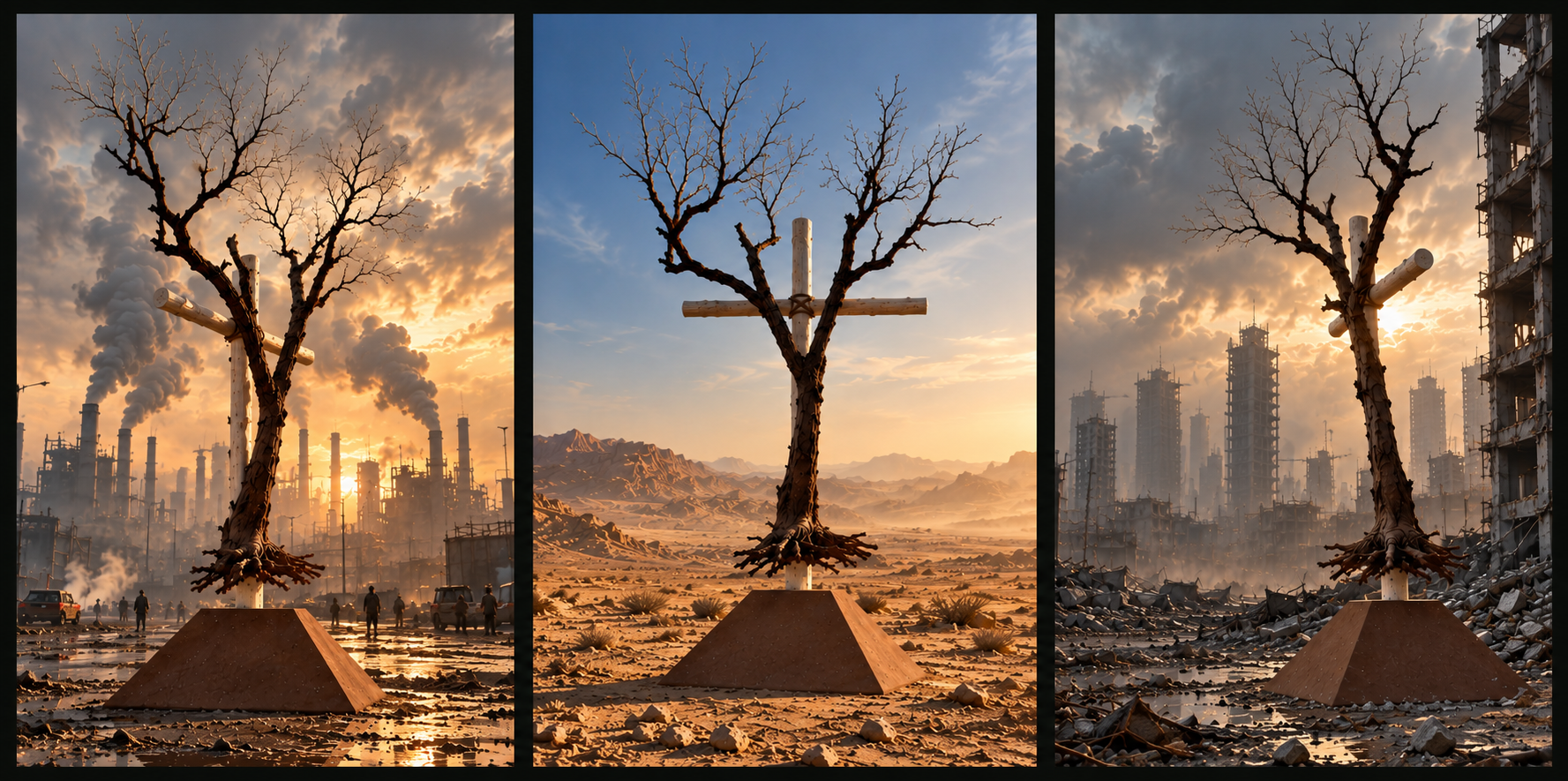 Triptych: crucified tree against factories, desert and devastated urban landscape